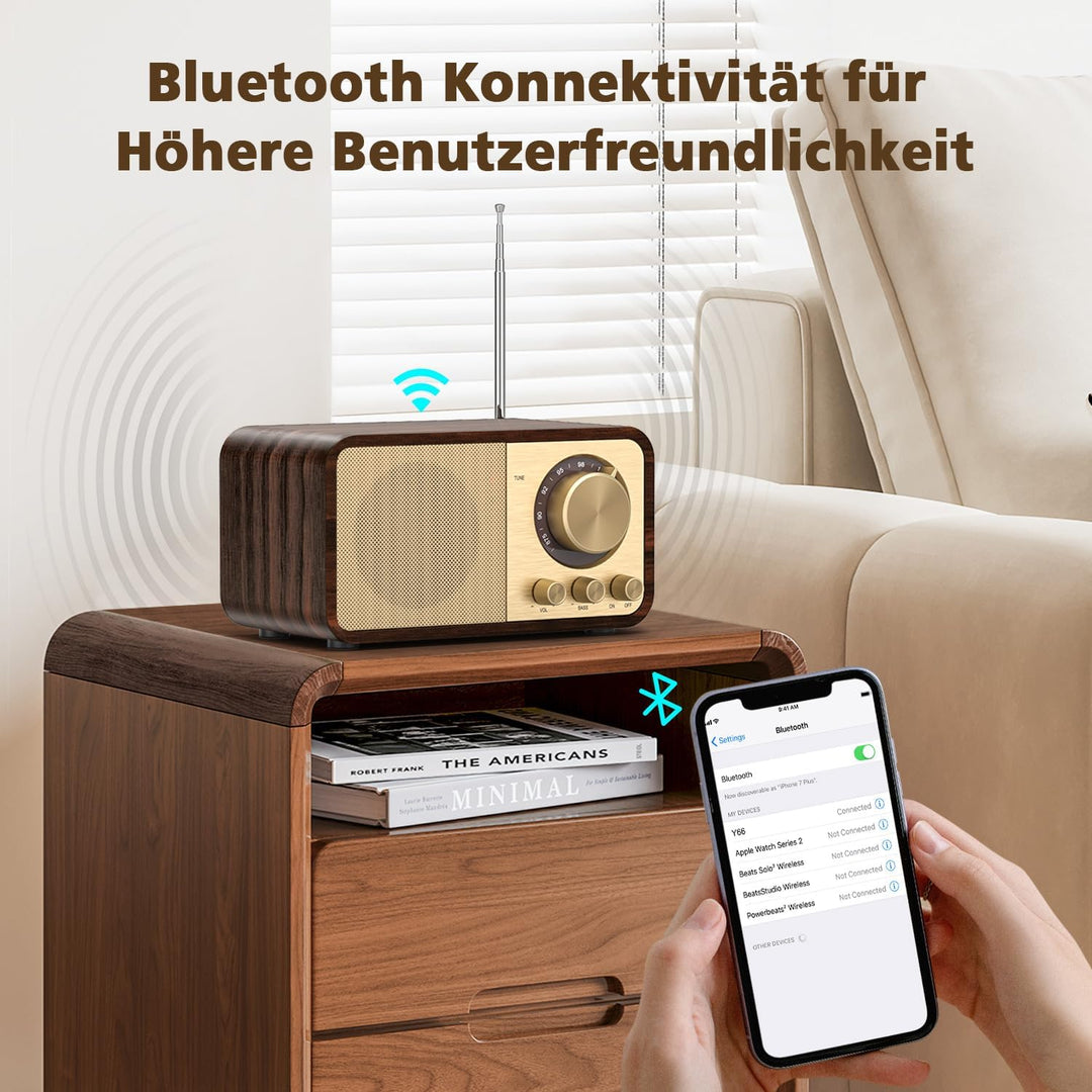 Nostalgie Radio, Retro Radio mit Bluetooth, TF Karten Slot, 2000mAH Wiederaufladbare Batterie, 5 Wat