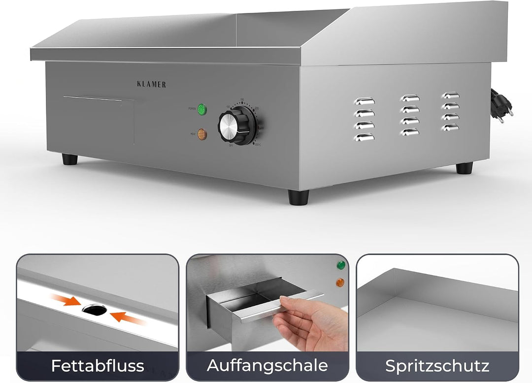 KLAMER Elektrogrill Edelstahl 3000W, XL Grillplatte 54,5x38,5 cm Tischgrill Maxi-Grill Glatt, Maxi-G