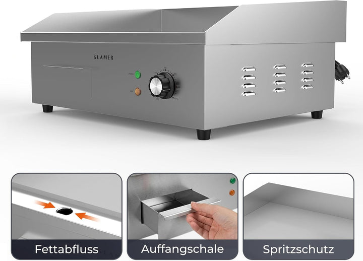 KLAMER Elektrogrill Edelstahl 3000W, XL Grillplatte 54,5x38,5 cm Tischgrill Maxi-Grill Glatt, Maxi-G