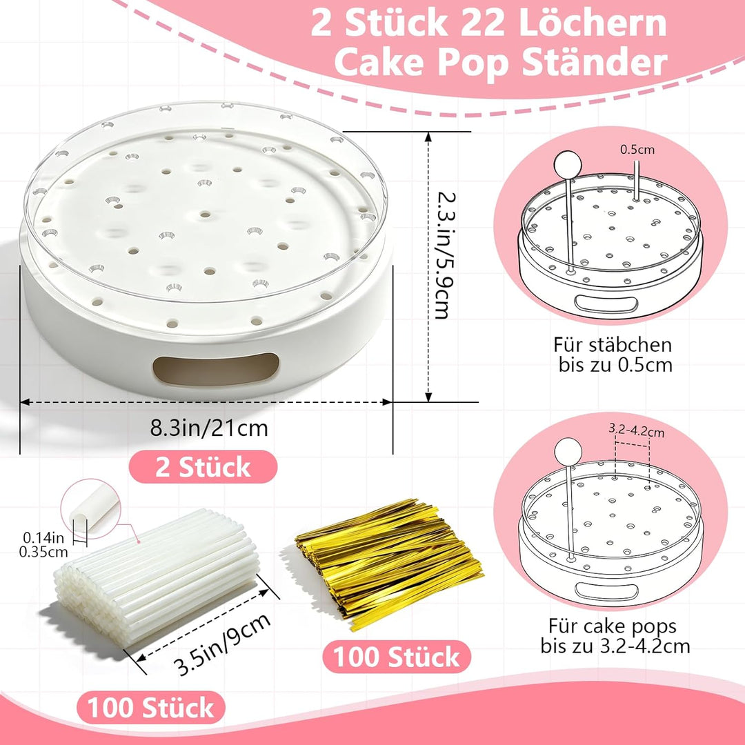 2 Stück Cake Pop Ständer, 22 Löcher Transparent Acryl Lollipop-Halter mit 100 Cake Pop Stiele und 10