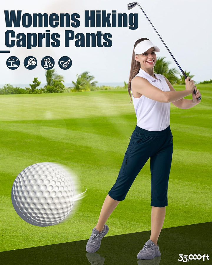 33,000ft Damen 3/4 Hose Capri Wanderhose Stretch Leichte Radhose Taschen Sommer Outdoor Golf Hose 34