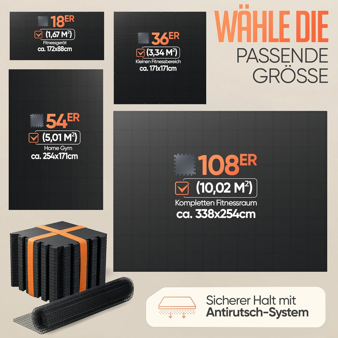 Bodenschutzmatte Fitness inkl. gratis Antirutschmatte & Zipperbag - 18/36/54 Puzzlematten - 30x30x1c