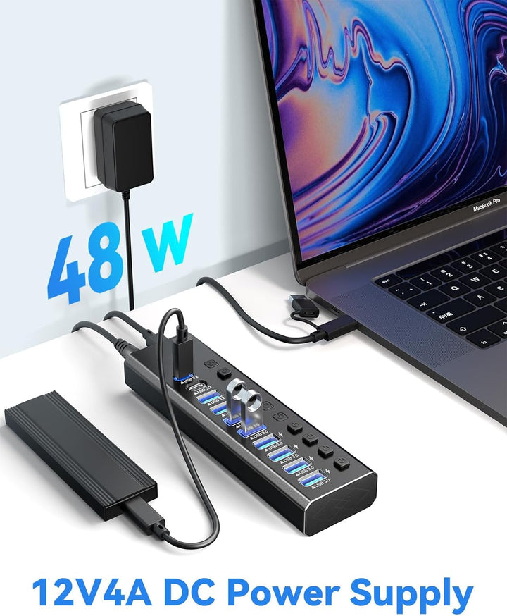 Powered USB Hub 3.2, 10-Port USB3.2/USB C Hub (10Gbps USB-A 3.2 +2 USB-C 3.2 +7 USB 3.0 Ports) mit i