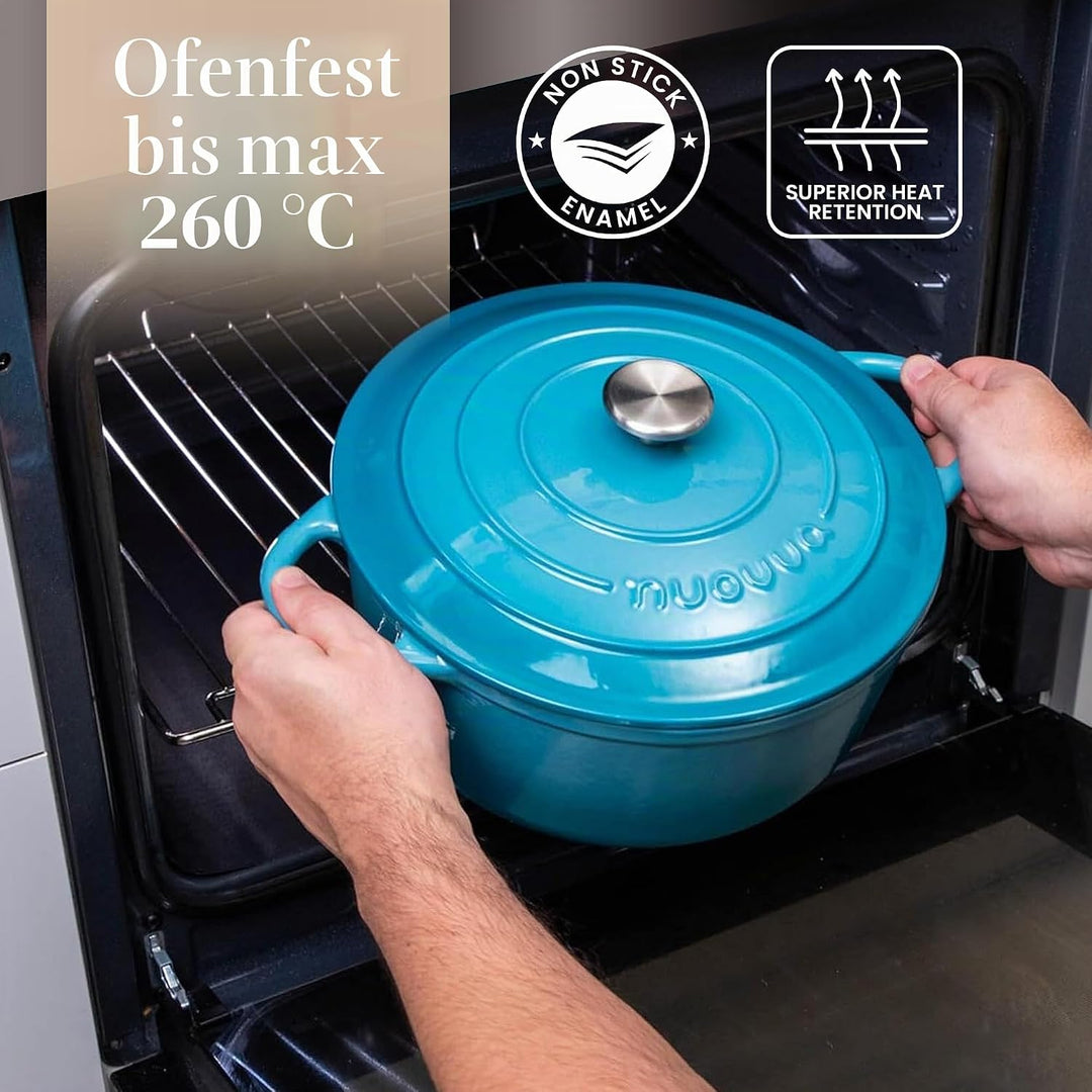 Gusseisen-Topf mit Deckel – Emaille-Schmortopf mit Antihaft, Ofenfest bis 260°C – Blau, 4.7 Liter, 2