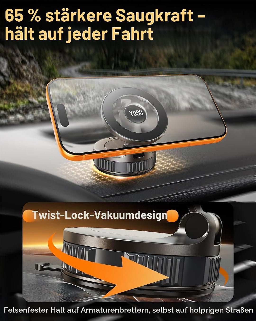 YOSH Vakuum Handyhalterung Auto für MagSafe, Starke Saugkraft mit Twist-Lock, 360° drehbare Basis &amp;