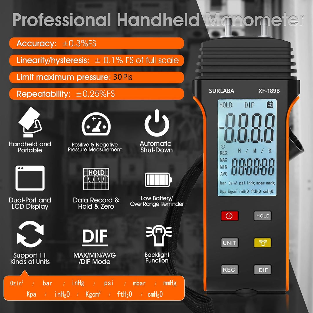 SURLABA Digitales Manometer, Differenzdruckmessgerät Messbereich 30PSI, Gasdruckmessgerät mit 11 Ein