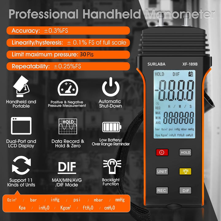 SURLABA Digitales Manometer, Differenzdruckmessgerät Messbereich 30PSI, Gasdruckmessgerät mit 11 Ein