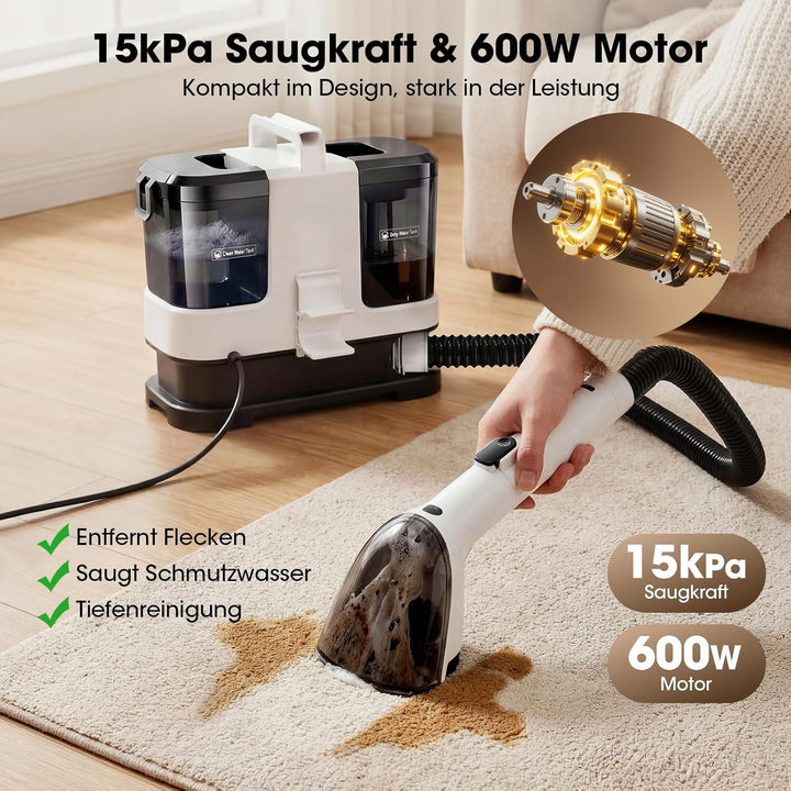 Lubluelu Nasssauger Polsterreiniger Gerät 600 W 15 kPa, kompakter Teppichreiniger & Fleckenreiniger