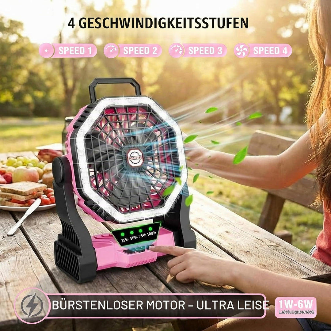 Wiederaufladbarer Camping-Ventilator mit LED-Beleuchtung, 4 Geschwindigkeitsstufen, 3 Lichtmodi, für