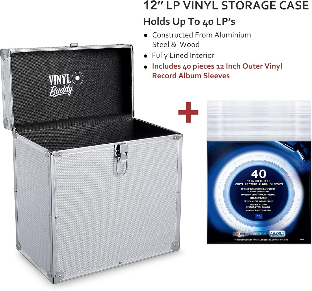 VINYL BUDDY 12" Aluminium-Schallplattenkoffer, für bis zu 40 LPs, inklusive 40x 12-Zoll-Äussere Scha
