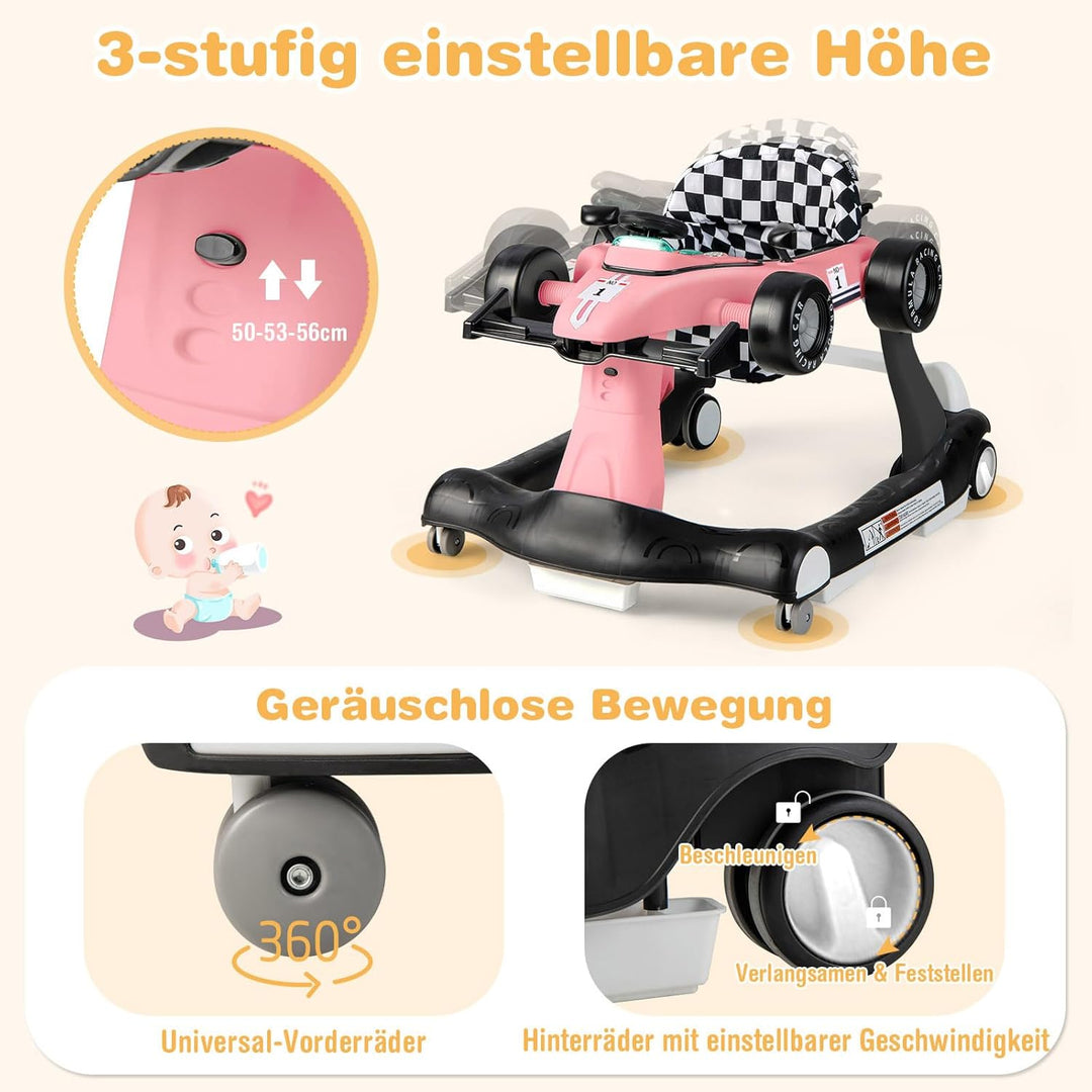DREAMADE Lauflernhilfe, 4 in 1 Autoförmiger Lauflernwagen mit einstellbarer Geschwindigkeit, Musik &