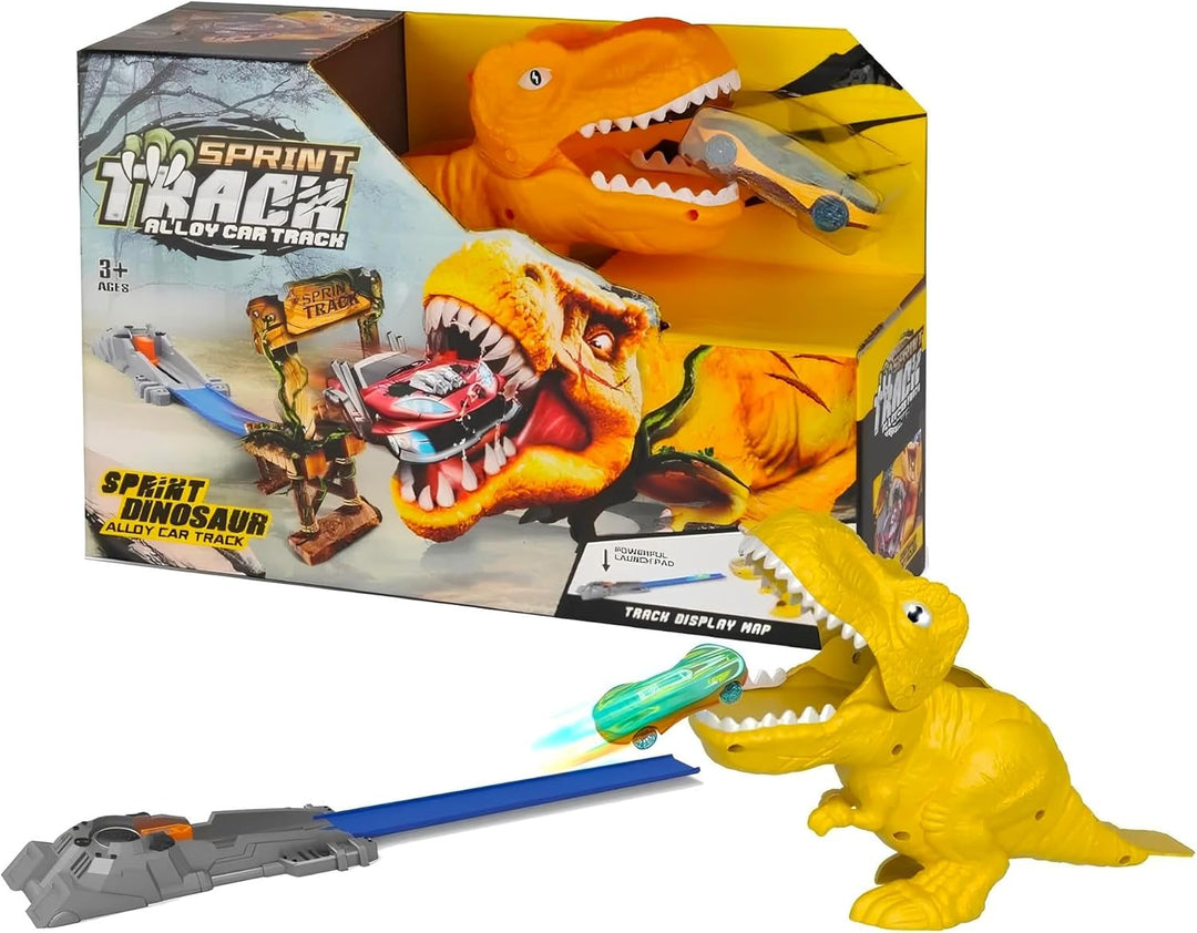 Dinosaurier-Bahn Tyrannosaurus T-Rex mit Launcher und Auto aus Metall Rennbahn Autos Todessprung Fle