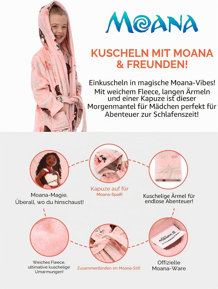 Disney Vaiana Bademantel Kinder, Moana Flauschiger Fleece Bademantel Mädchen Mit Kapuze, Morgenmante