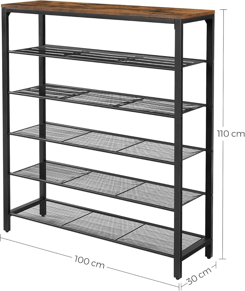 VASAGLE Schuhregal, Schuhablage mit 5 Gitterebenen und grosszügiger Oberfläche für Taschen, für den
