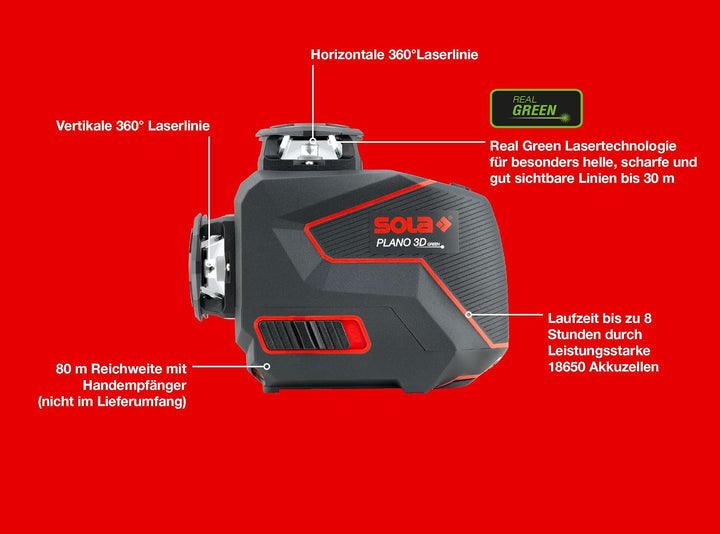 SOLA PLANO 3D GREEN RCB Set - Kreuzlinienlaser, 3 x 360° Linienlaser plus ferngesteuerte Laserbasis,