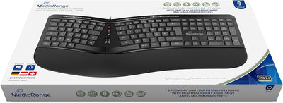 MediaRange Ergonomische Tastatur, kabelgebundene Multimedia-Tastatur mit 124 Tasten und Scroll-Rad,