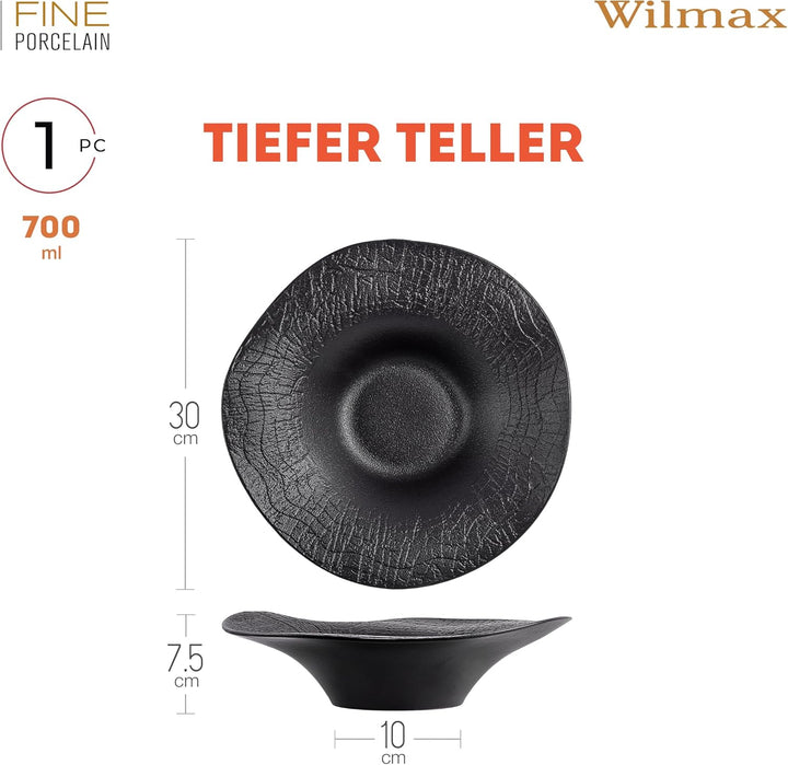 Wilmax - Tiefe Schale - 1 Stück 30cm / 700 ml - Schwarze Pastateller - Natursteintextur - Für Pasta,