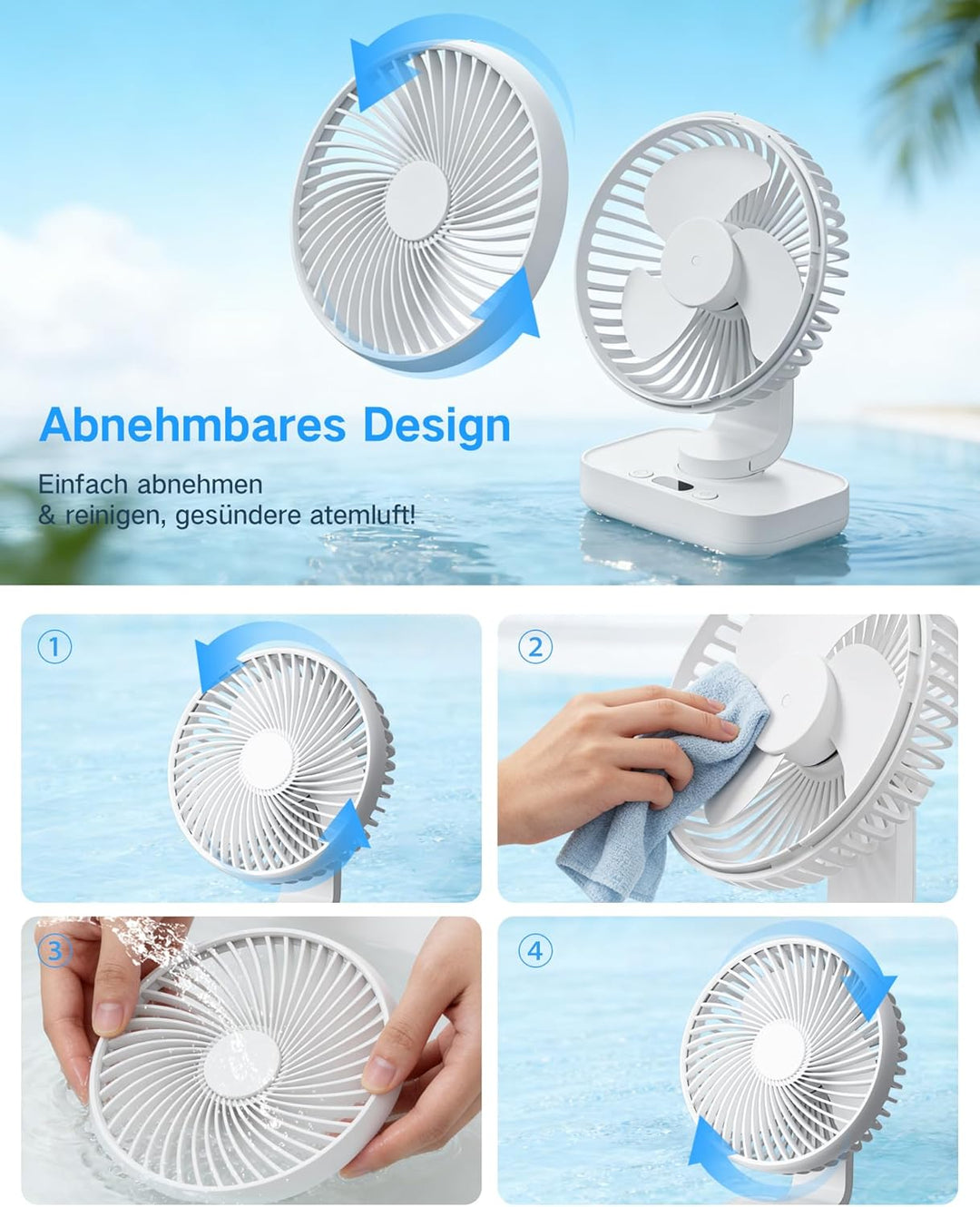 Tischventilator Automatisch Oszillierend, Leise 30 dB, Sanfter Luftstrom, 4500mAh Akku, USB-C, LED D