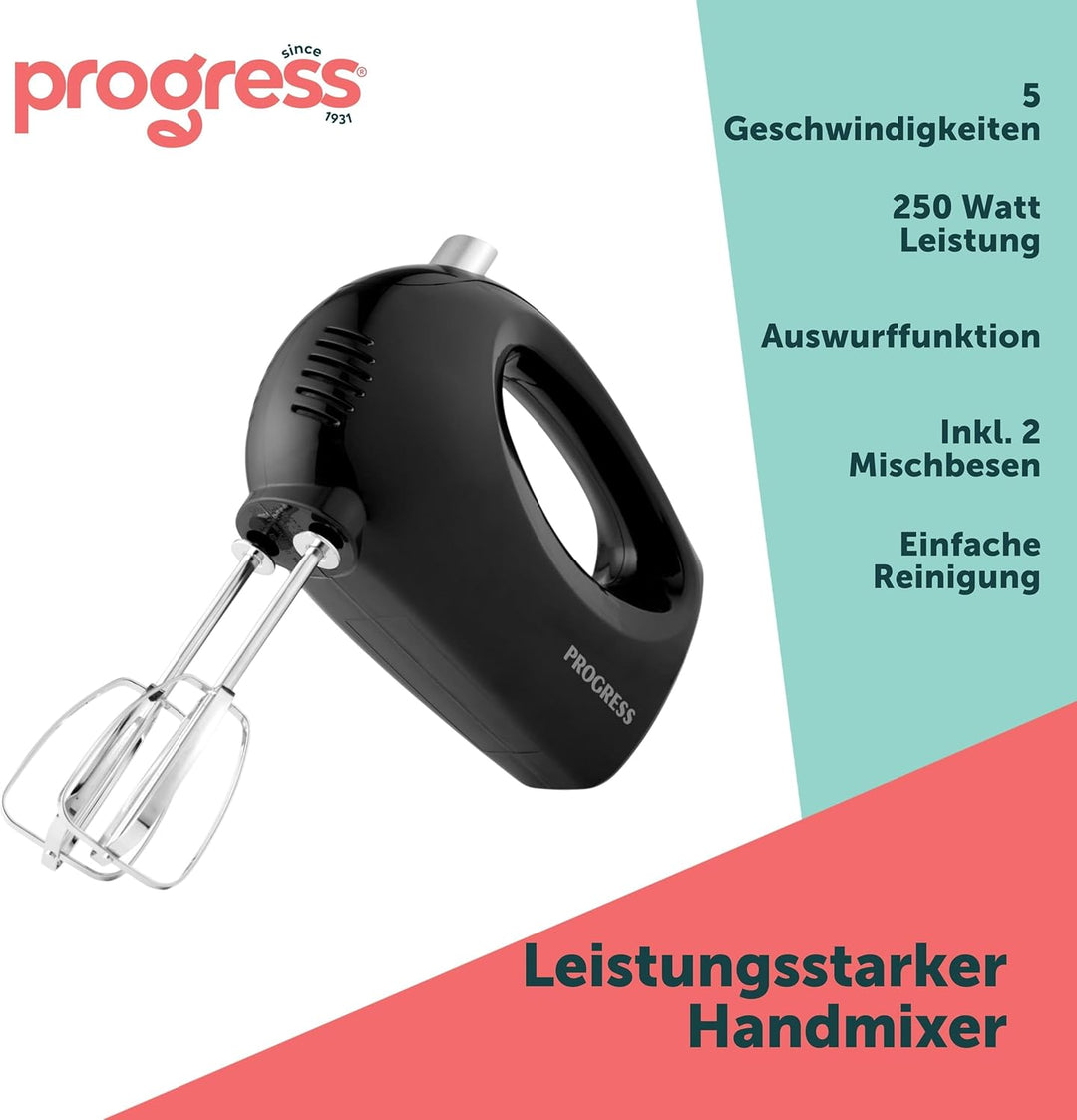 Progress EK5901PVDE Handmixer – elektrische Handquirle mit 5 Geschwindigkeitsstufen, Auswurffunktion