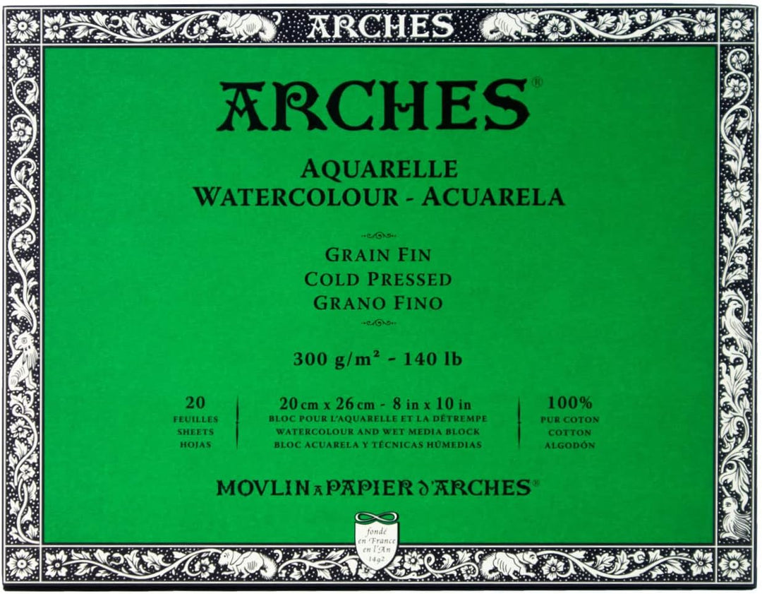 Arches 1711599 Aquarell Block, 20 Blatt Aquarellpapier in Naturweiss, 300g/m², hohe Farbechtheit, Al