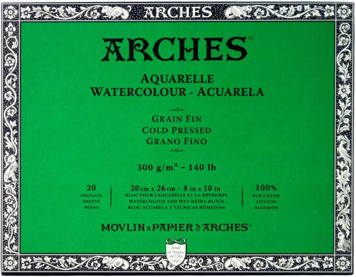 Arches 1711599 Aquarell Block, 20 Blatt Aquarellpapier in Naturweiss, 300g/m², hohe Farbechtheit, Al