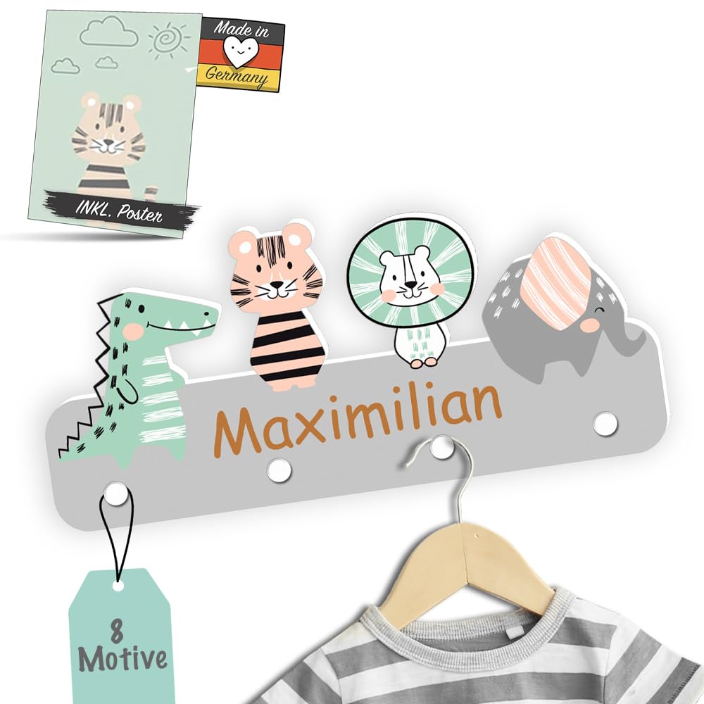 Garderobe mit Wunschname inkl. DIN A4 Poster - Personalisierte Kindergarderobe mit 4 Kleiderhaken fü