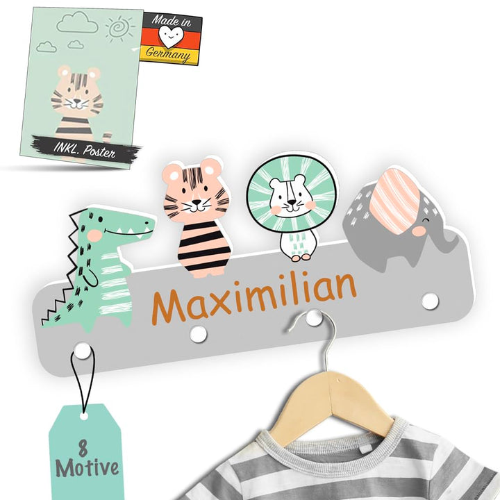 Garderobe mit Wunschname inkl. DIN A4 Poster - Personalisierte Kindergarderobe mit 4 Kleiderhaken fü