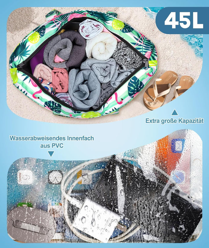 ISEYOU Strandtasche XXL Familie, Gross Strandtasche mit Reissverschluss Wasserdicht Sanddicht, Handt