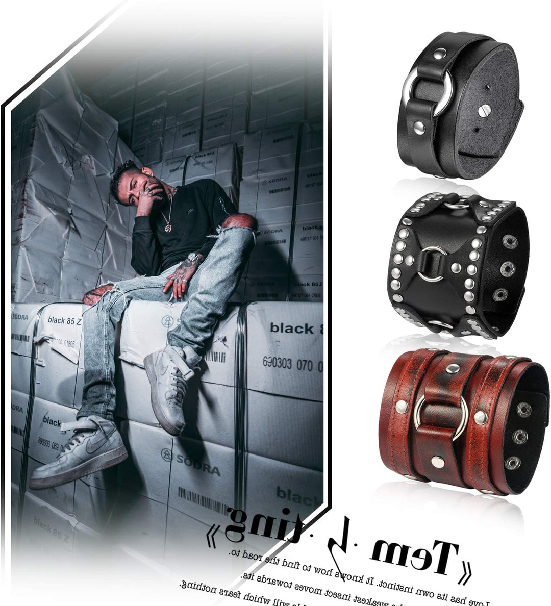 OIDEA ECHT Retro Breits Herren Kunstleder Armband Punk Style, Rock Manschette Wrap für Männer Junge