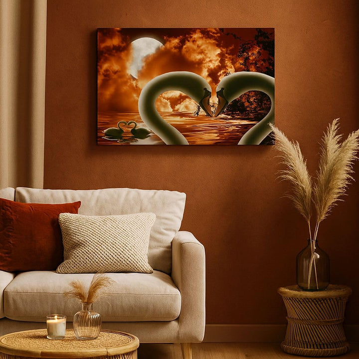 Bilder auf Leinwand Schwäne Nacht Liebe Leinwandbild mit Rahmen 70x50cm Wandbilder Dekoration Wohnzi