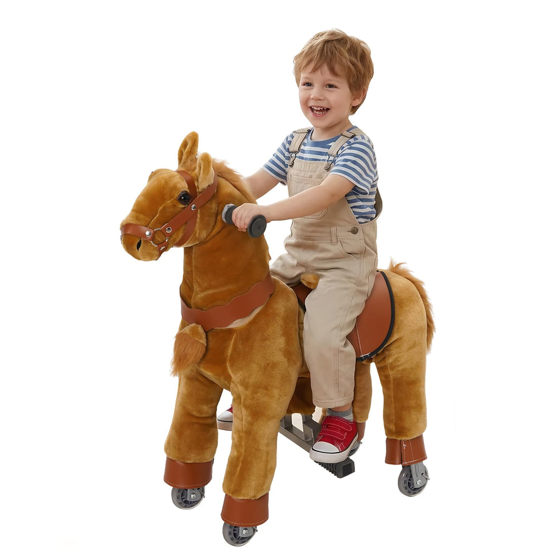 Stehpferd auf Rollen, Spielpferd zum Reiten und Draufsitzen, Reitpferd für Kinder mit Sattel, Zaumze