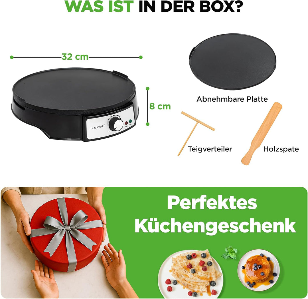 NutriChef Crepes Maker 30 cm mit Abnehmbarer Wendeplatte - Antihaft Oberfläche, LED Anzeige und Temp