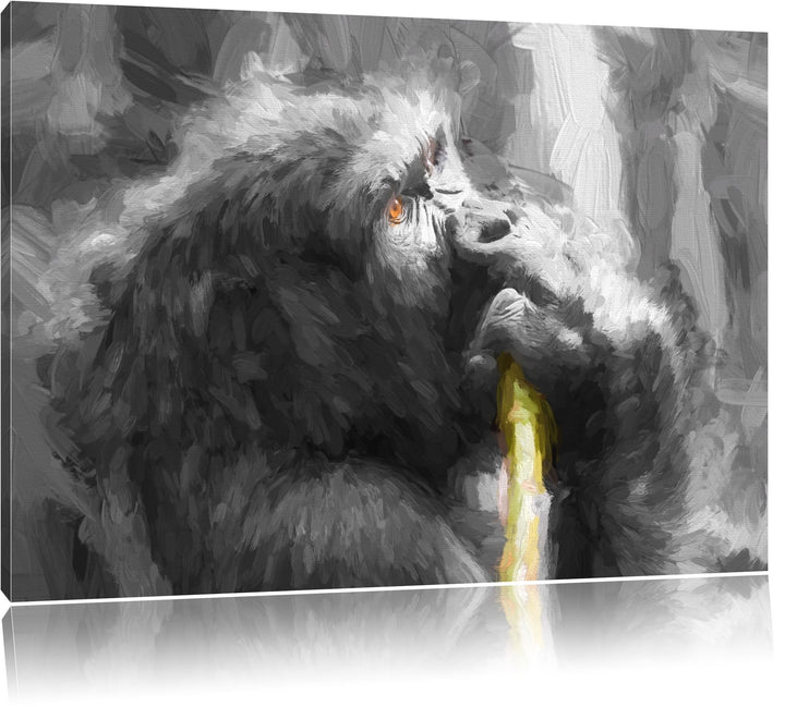 stolzer Gorilla isst schwarz/weiss Deluxe Format: 100x70 cm auf Leinwand, XXL riesige Bilder fertig
