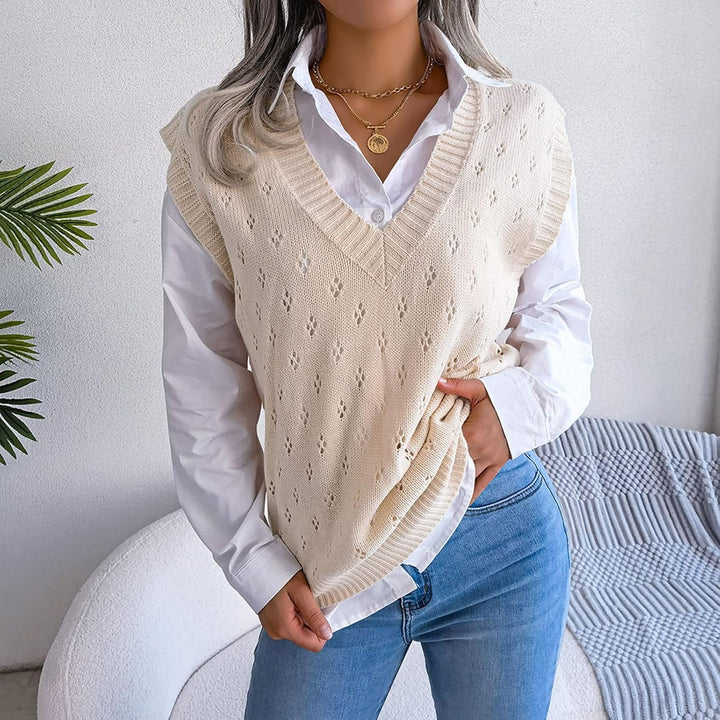 Ärmellose Strickweste für Damen, V-Ausschnitt, College-Pullover, Übergrösse A M, A M