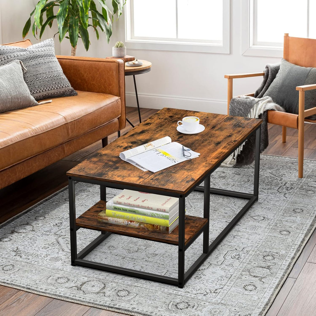 VOWNER Couchtisch, Wohnzimmertisch, Couchtisch mit Stahlgestell und Ablagen, Industrie-Design, Skand