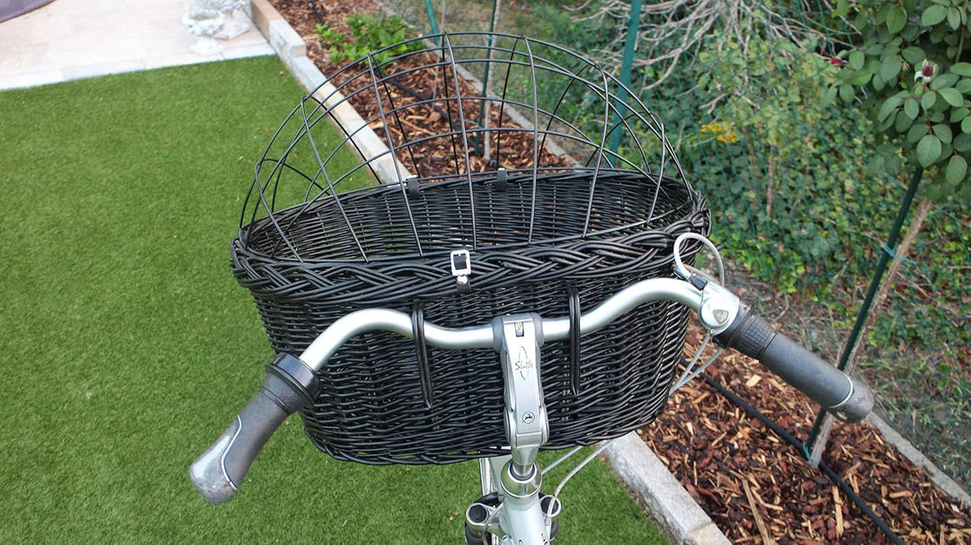 Hundefahrradkorb für Fahradlenker aus Weide in Schwarz mit Metallgitter und Kissen Verschiedene Grös