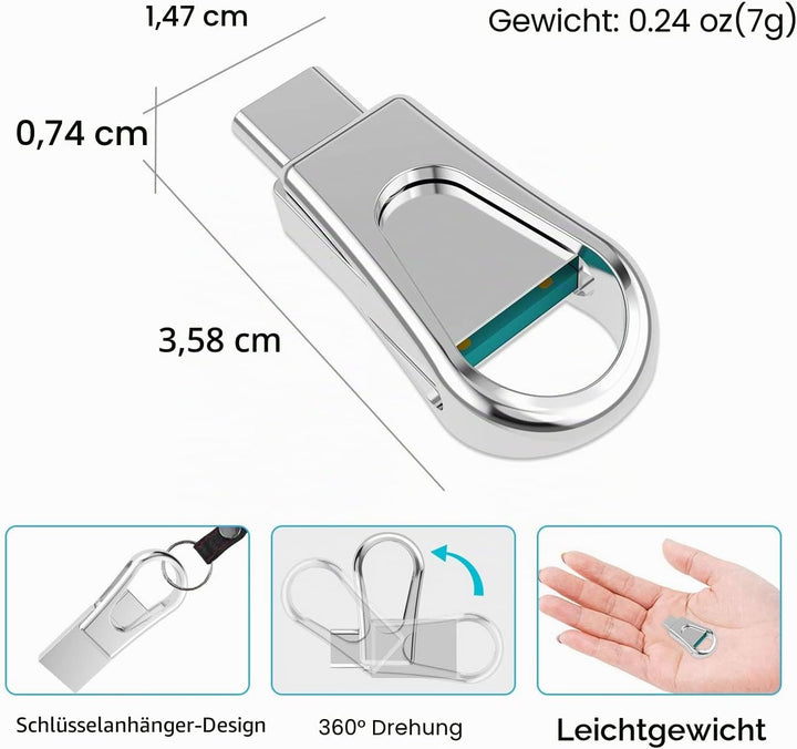 RAOYI USB C Stick 128GB Mini USB 3.0 & Type C 2-IN-1 OTG Flash Laufwerk Dual USB C Speicherstick Met