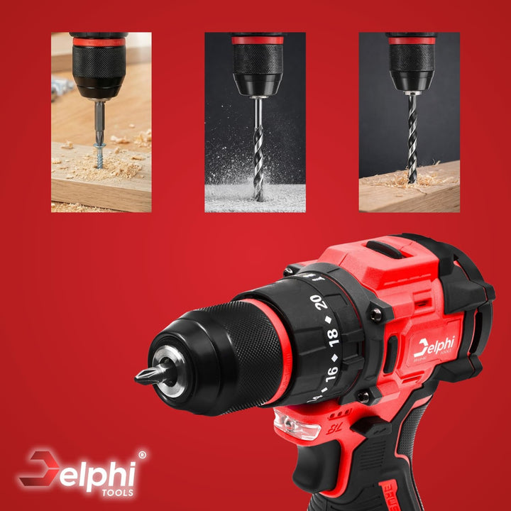 Delphi Akkuschrauber 16,8V bürstenlos mit 2x 1500mAh Akku und Led Arbeitslicht, 50Nm Drehmoment, 24