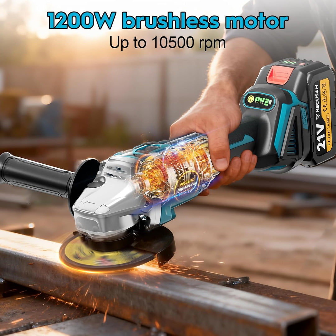 Akku Winkelschleifer 125mm, Flex Akku Winkelschleifer Set mit 2x 4.0Ah Akku, 1200W Bürstenloser Moto