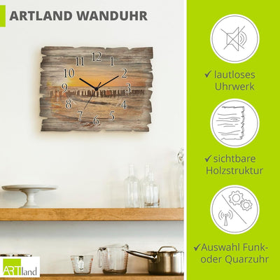 ARTLAND Wanduhr ohne Tickgeräusche aus Holz Quarzuhr 40x30 cm Rechteckig Lautlos Strand Meer Sonnenu