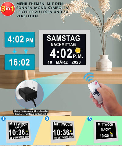 Véfaîî 8 Zoll Digitaler Wecker Wanduhr mit Fernbedienung 19 Alarme ,Seniorenuhr Kalender und Foto-Fu