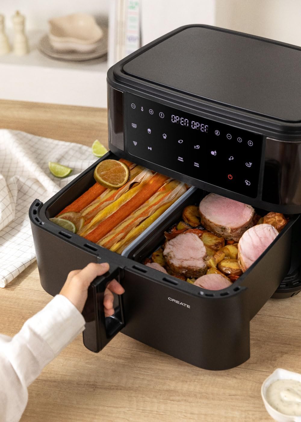 CREATE/FRYER AIR DUAL/Heissluftfritteuse 10L mit Trennwand Schwarz/Fassungsvermögen 7-8 Portionen, M