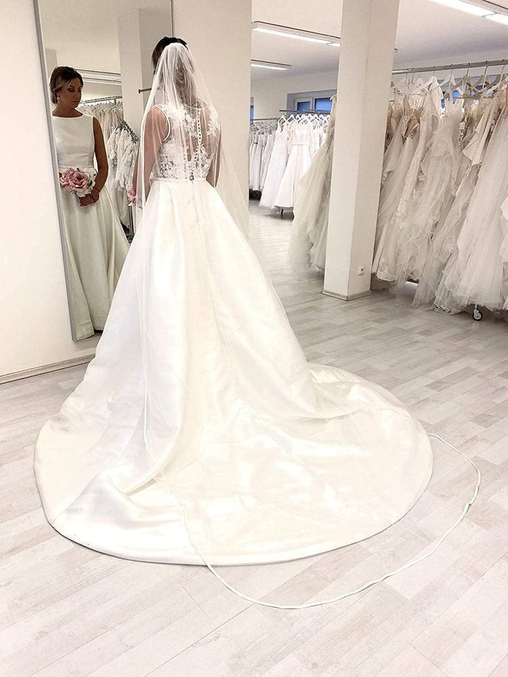 Satin Rand Brautschleier Kathedrale Lang Hochzeitsschleier mit Satinrand Reinweisser Schleier Kathed