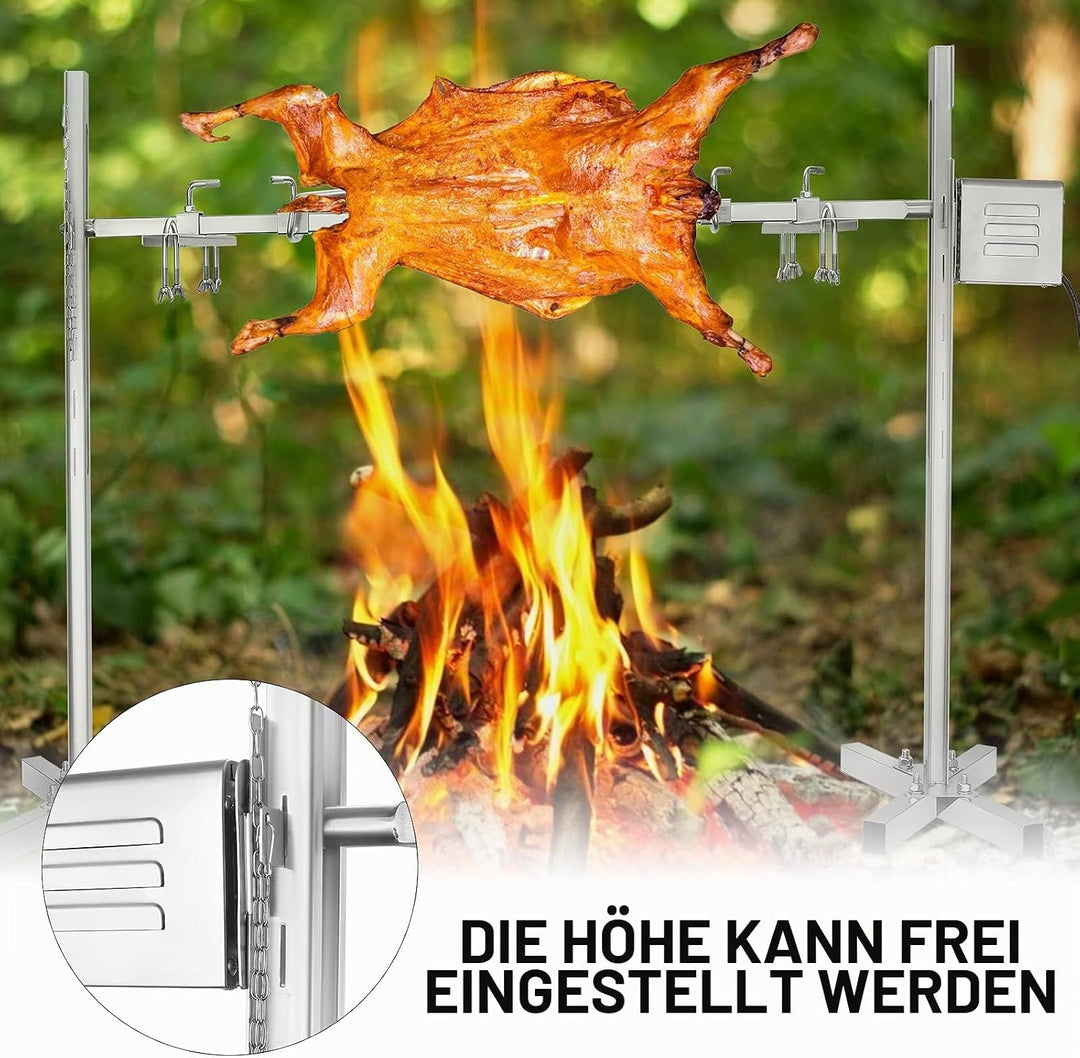 Elektrischer Drehspiess für Grill, 15W Motor mit 360° Rotation, höhenverstellbar 38-62 cm, Edelstahl