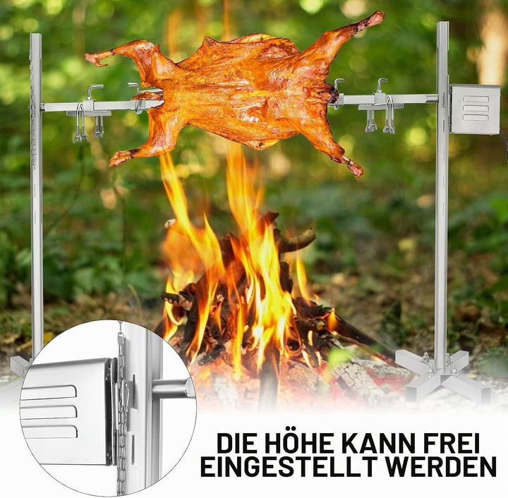 Elektrischer Drehspiess für Grill, 15W Motor mit 360° Rotation, höhenverstellbar 38-62 cm, Edelstahl