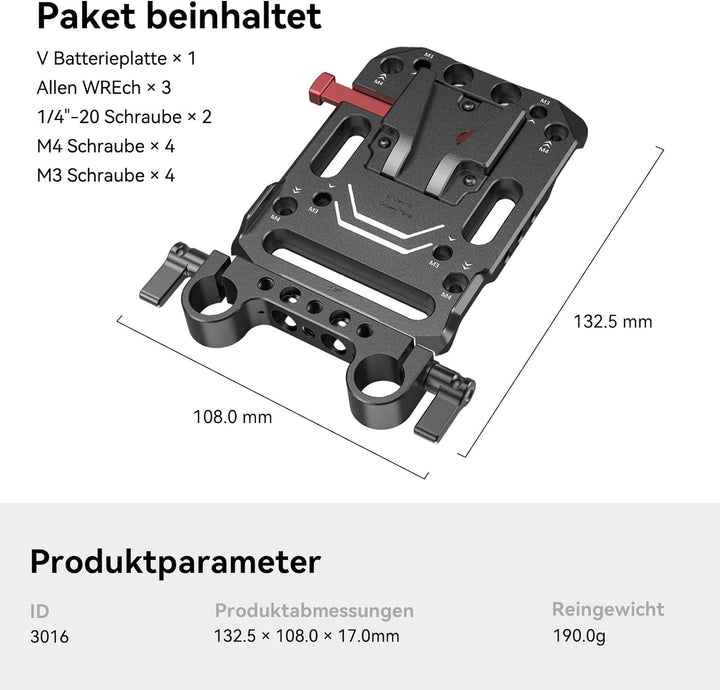 SMALLRIG V Mount Batterieplatte Battery Plate mit Dual 15mm Rod Clamp, Kompatibel Moman für ZGCINE f