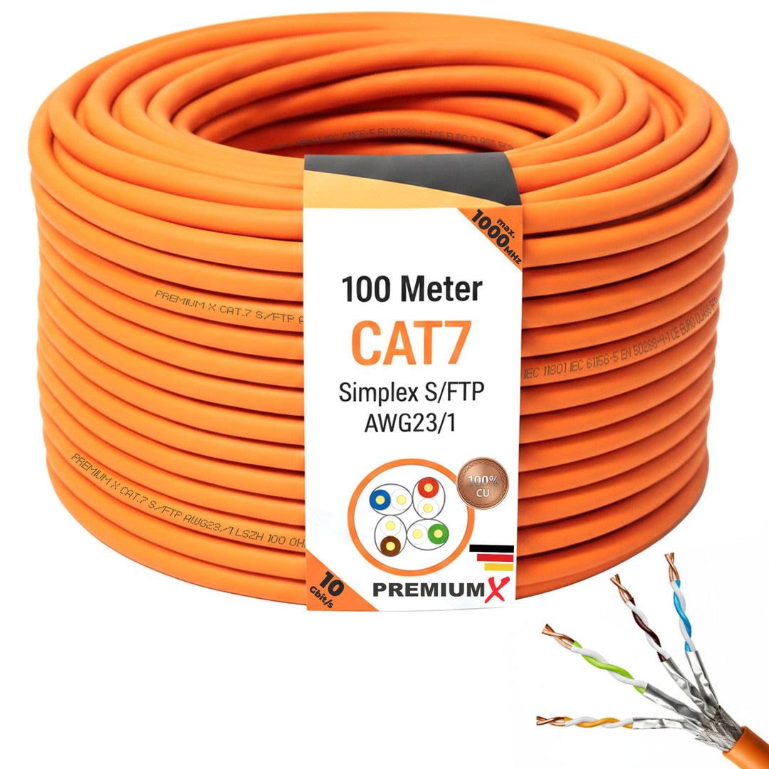 PremiumX 100m CAT 7 Netzwerkkabel Simplex LAN-Kabel Ethernet Datenkabel S/FTP PiMF PoE Eca Cat7 Verl