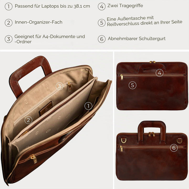 Time Resistance Leder Aktentasche für Herren mit Schultergurt - Handgefertigt in Italien - Arbeitsta