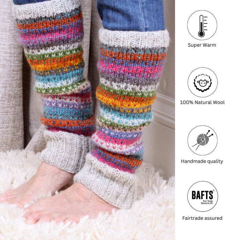 Pachamama Damen Beinwärmer aus 100% Wolle, handgestrickt, Punkte, Streifen, mehrfarbig, normale Pass
