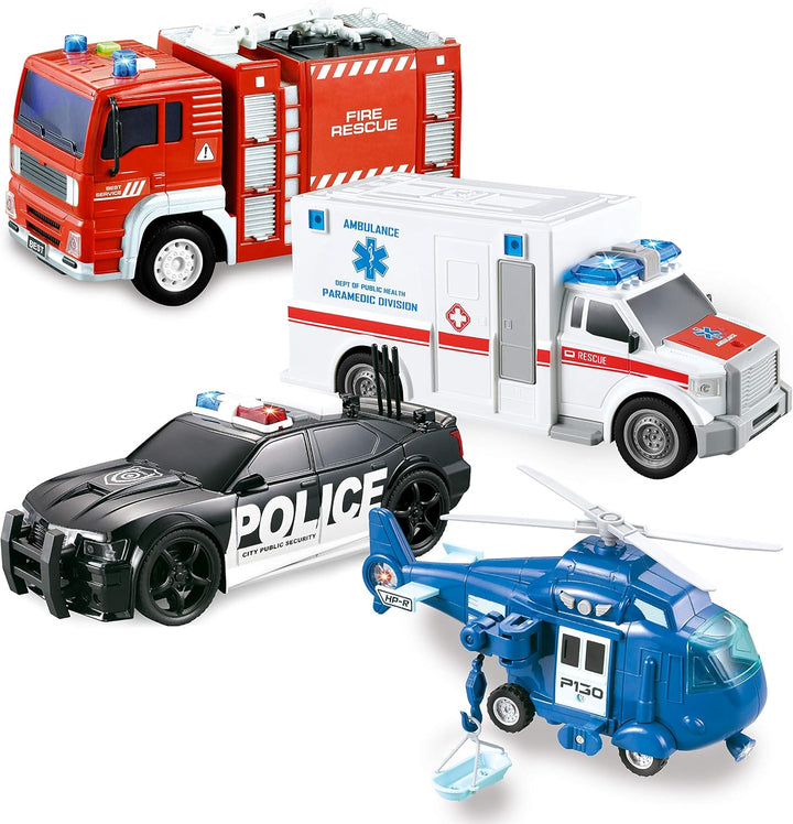 JOYIN 4er Pack Reibungsgetriebenes City Hero Spielzeug mit Feuerwehrauto, Krankenwagen, Polizeiauto